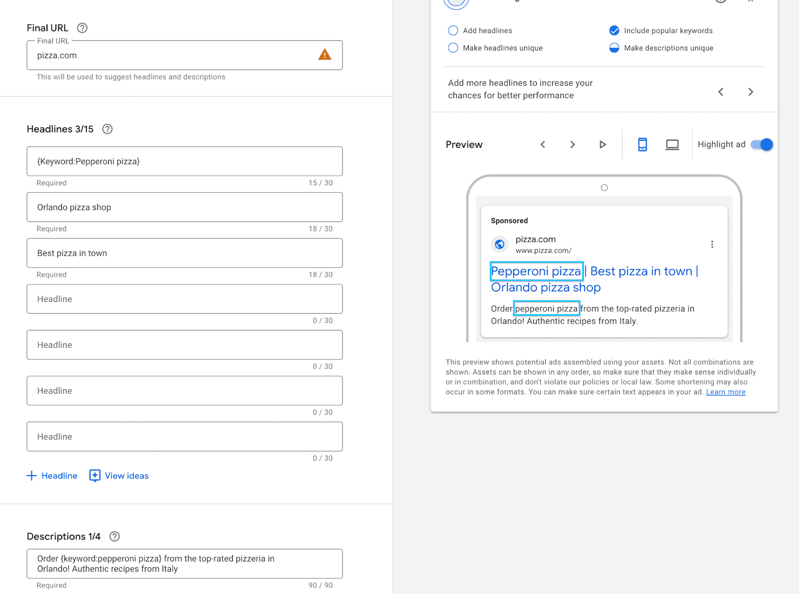 Google's manual method requires the correct formatting of the term “keyword” to dictate how it will be capitalized in the ad users see