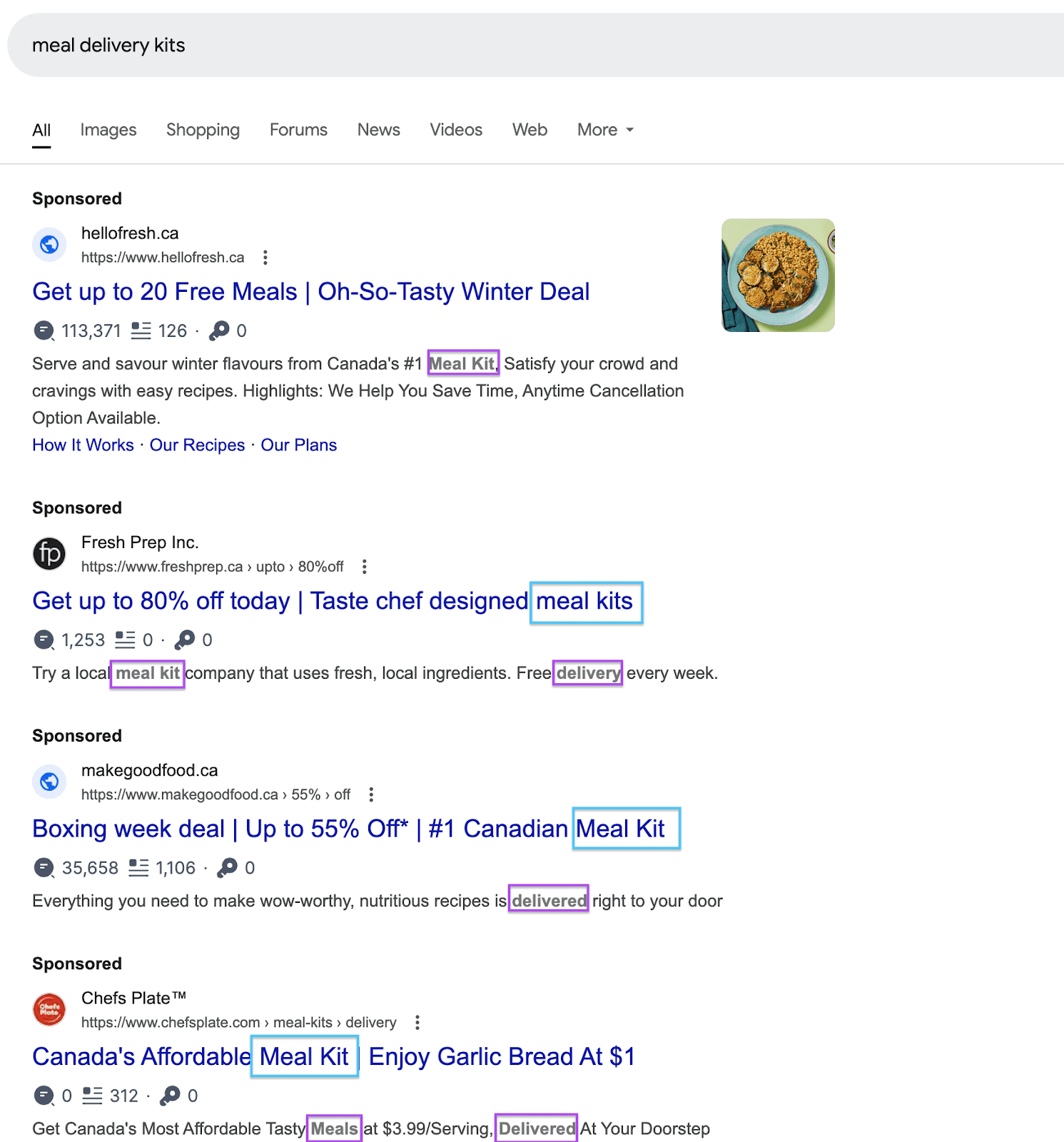 Bolded ad copy showing a customer's search terms as they appear in the ad description 