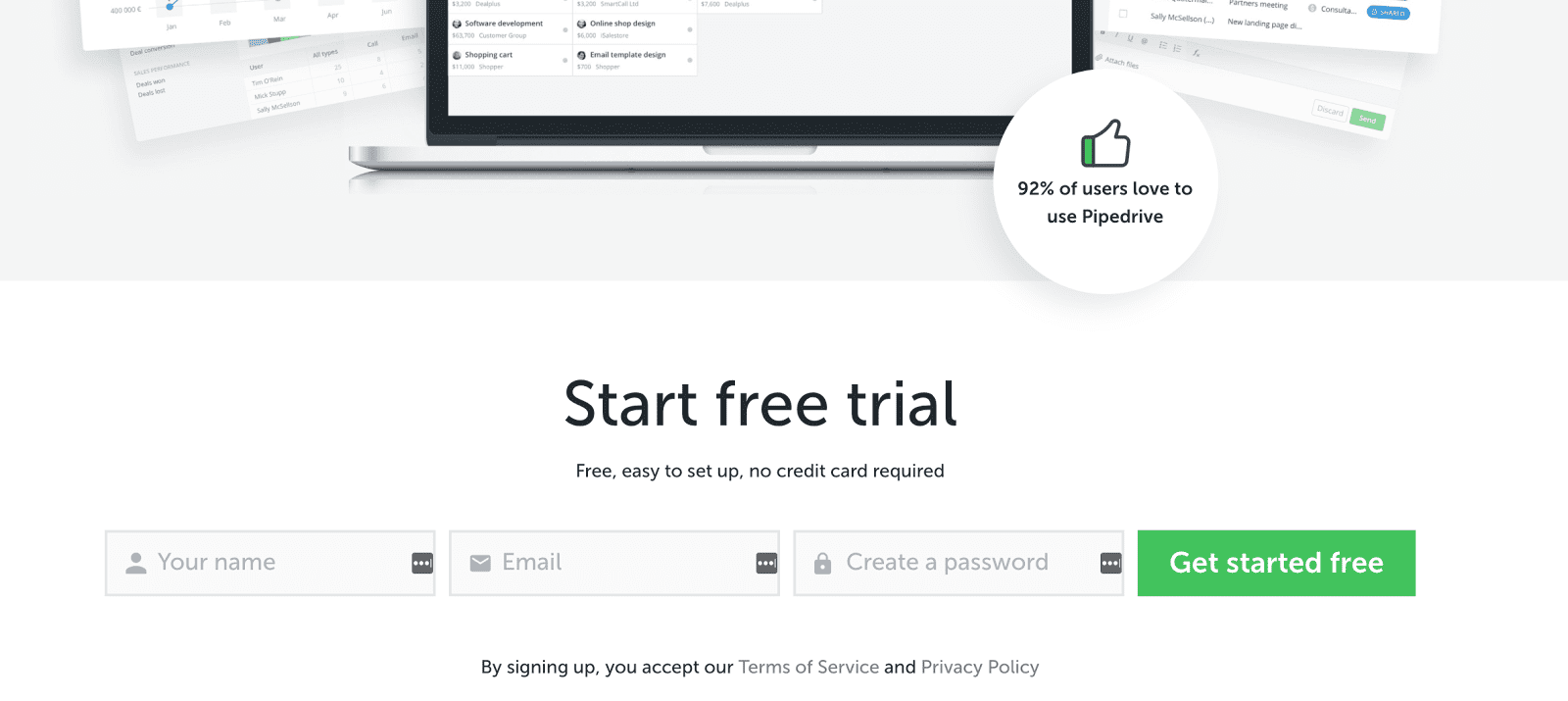 Pipedrive’s landing page offers a free trial