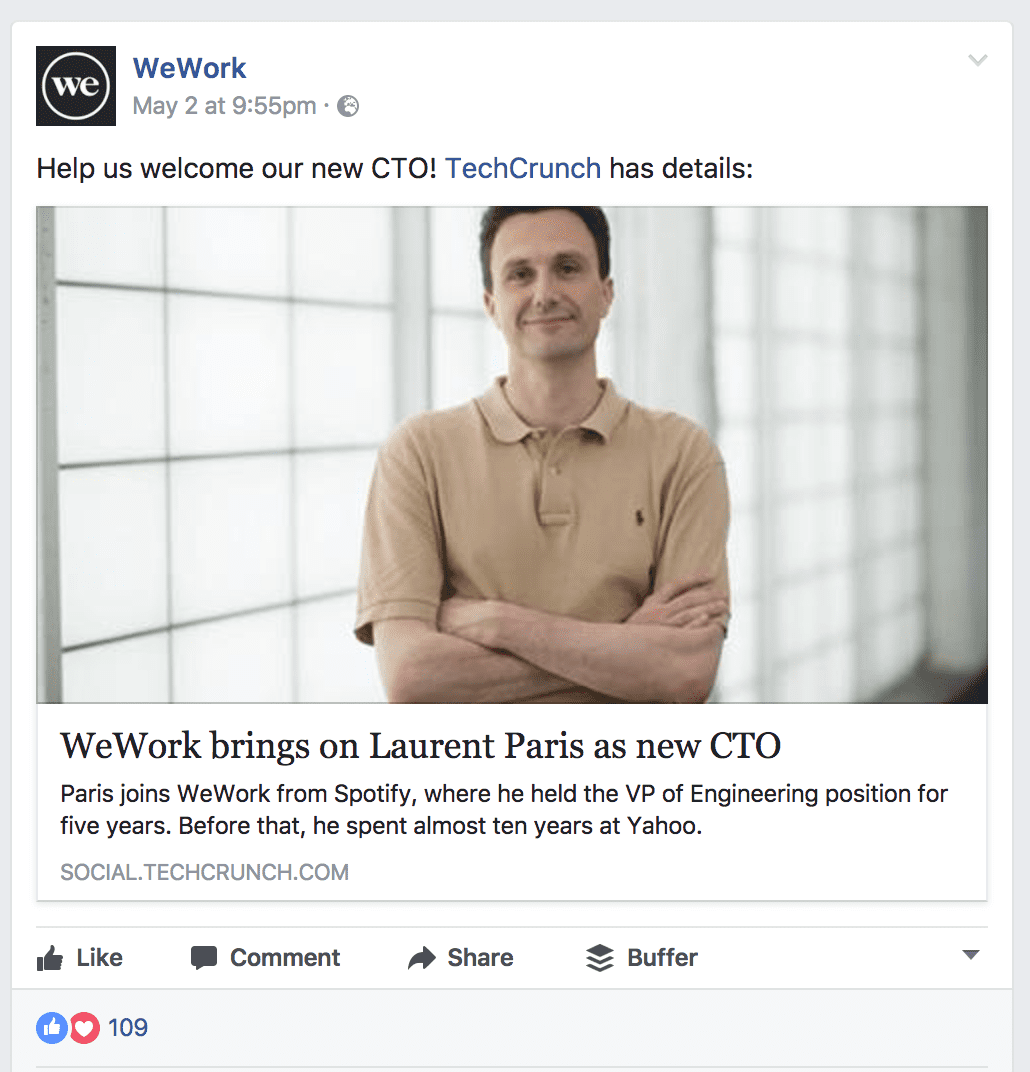 WeWork’s Facebook post of a TechCruch article