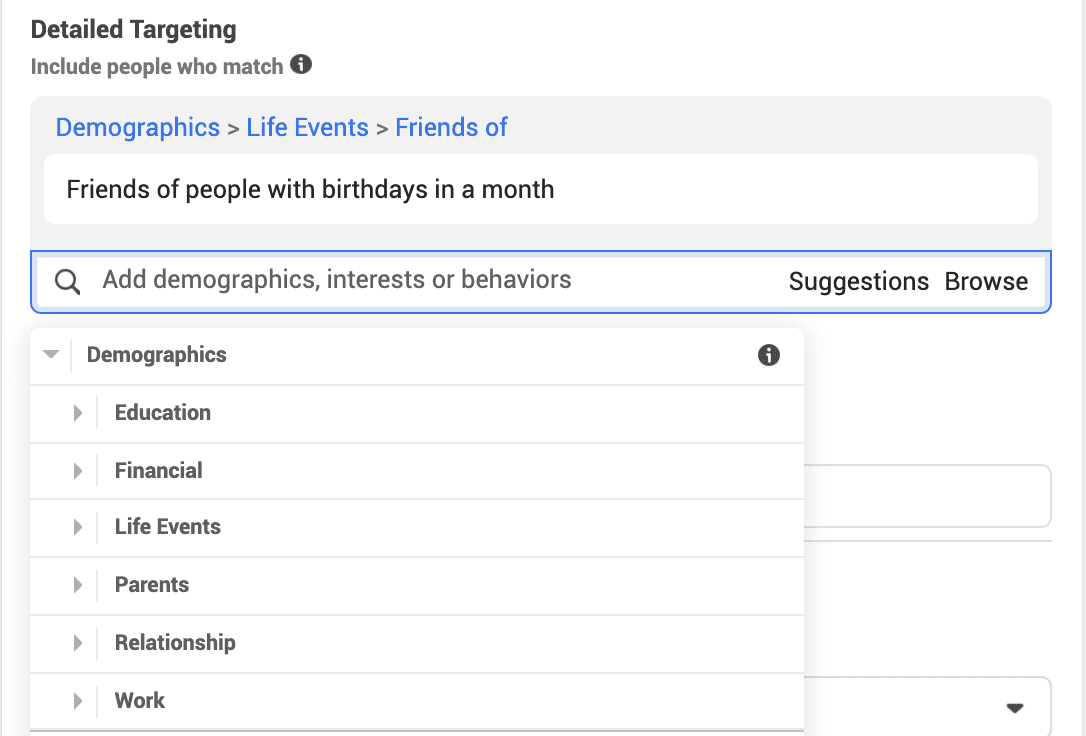 Facebook Demographics subcategories