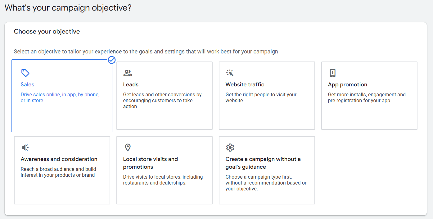 Google Ads campaign objective page